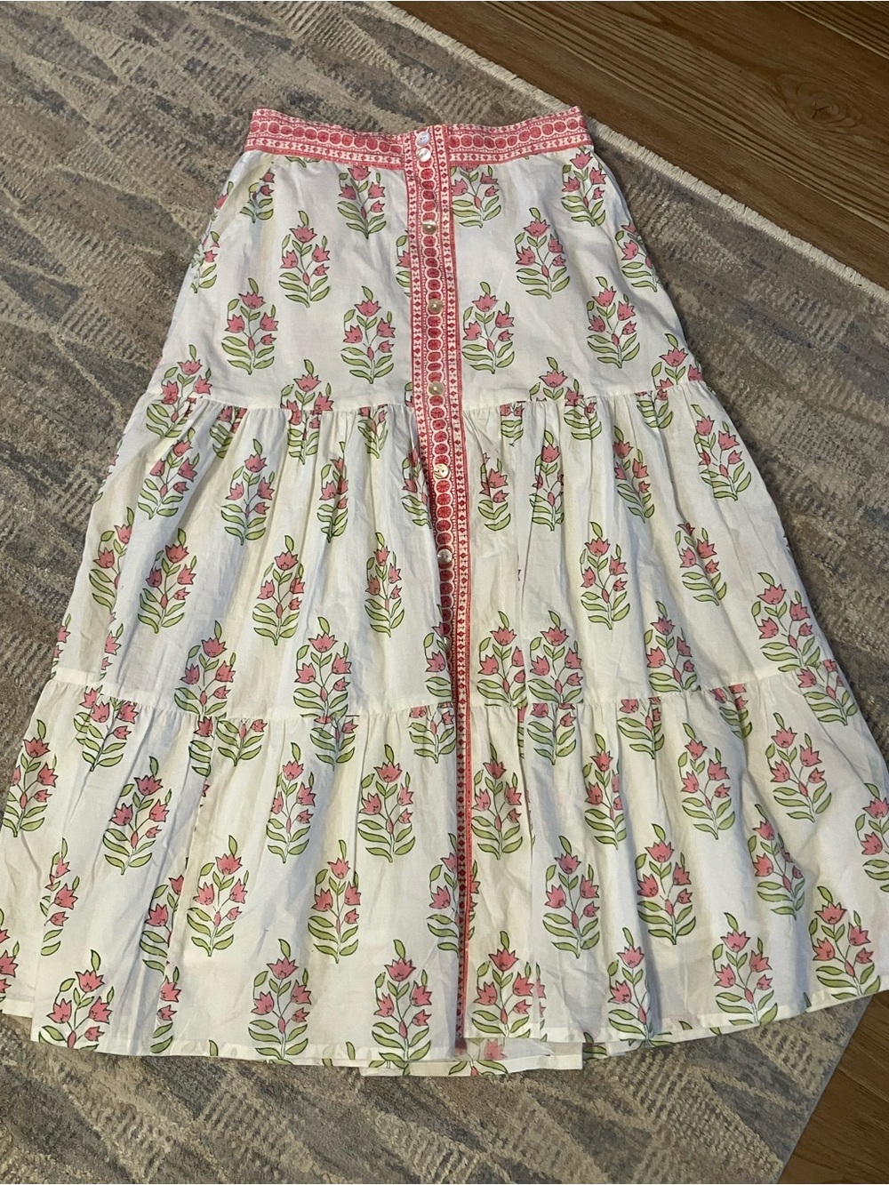 Renwick Block Print Maxi Skirt Handprinted with Pink & Green Floral Print